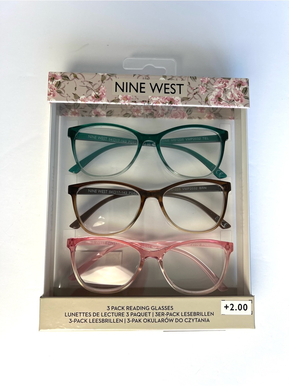 Nine West 3 Pack Reading Glasses +2.00 Readers Green Brown Pink Women’s Adult
